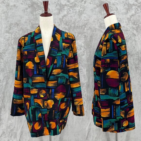 Vintage 90s Oversized Colorful Geometric Lightweight Blazer Jacket - Picture 2 of 12